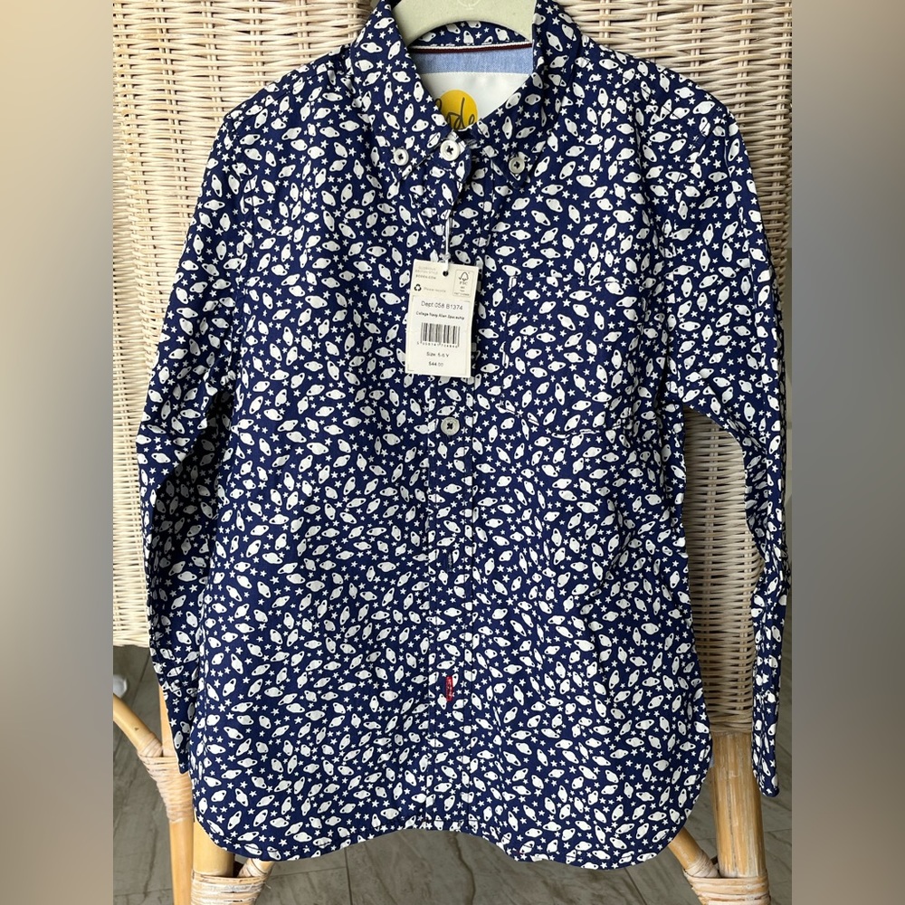 NWT Navy Boden Spaceship collared button down shirt (boys 5-6)